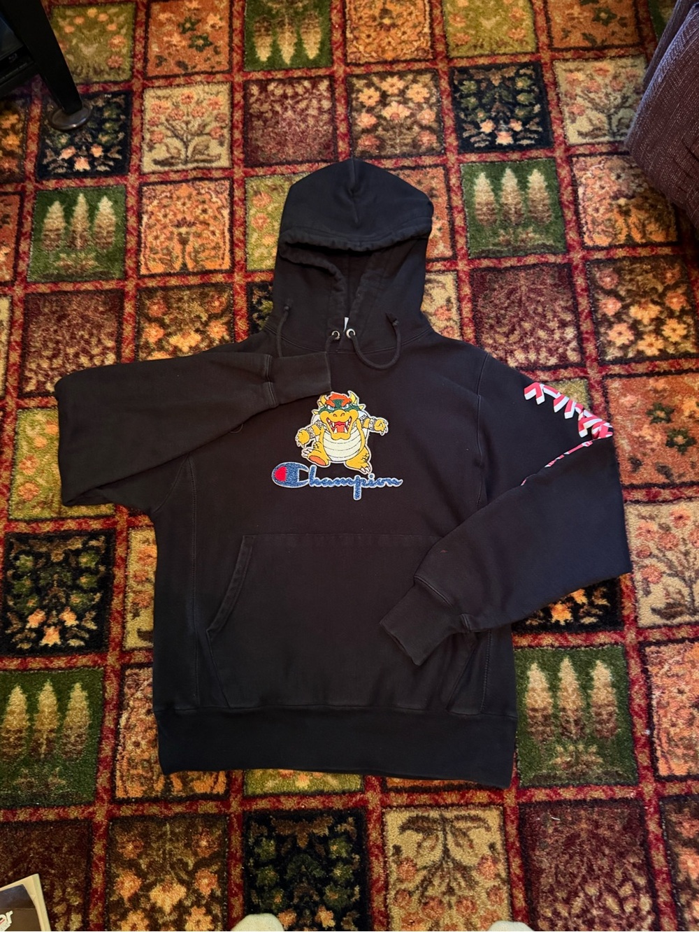 Champion Black Hoodie with Colorful Bowser Patch
